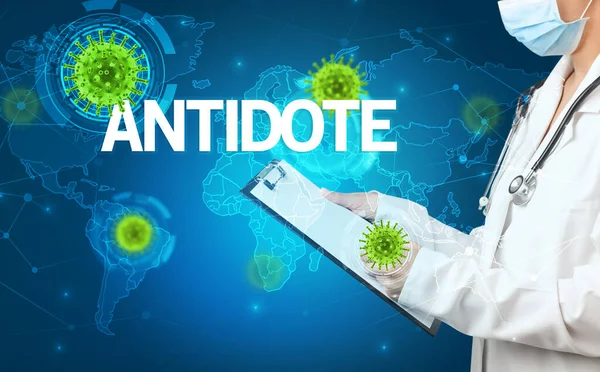 Médico Llena Historia Clínica Con Inscripción Antidote Concepto Virología —  Fotos de Stock