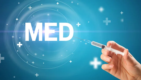 Syringe needle with virus vaccine and MED abbreviation, antidote concept