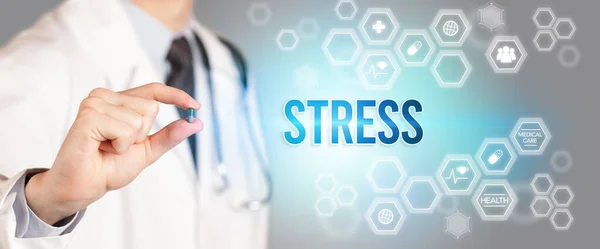 Primer Plano Médico Que Una Píldora Con Inscripción Stress Concepto — Foto de Stock