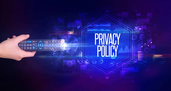 Ruční Držení Bezdrátové Periferie Privacy Politika Nápis Koncept Kybernetické Bezpečnosti — Stock fotografie
