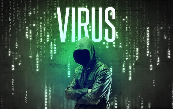 顔のないハッカーだウイルスの碑文ハッキングの概念 — ストック写真