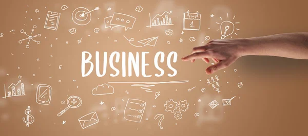 Close Przyciętej Dłoni Wskazując Napis Business Nowoczesne Rozwiązanie Biznesowe — Zdjęcie stockowe