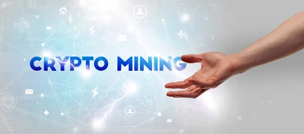 Hand Pointing Crypto Mining Inscription Modern Technology Concept — Stock Photo, Image