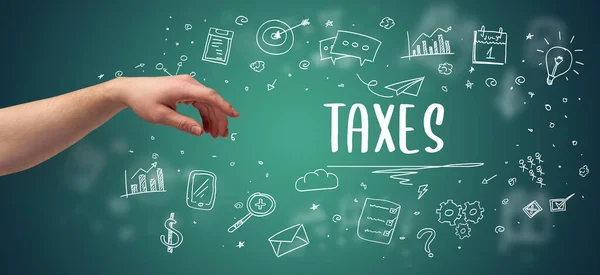 Primo Piano Della Mano Ritagliata Che Punta All Iscrizione Taxes — Foto Stock