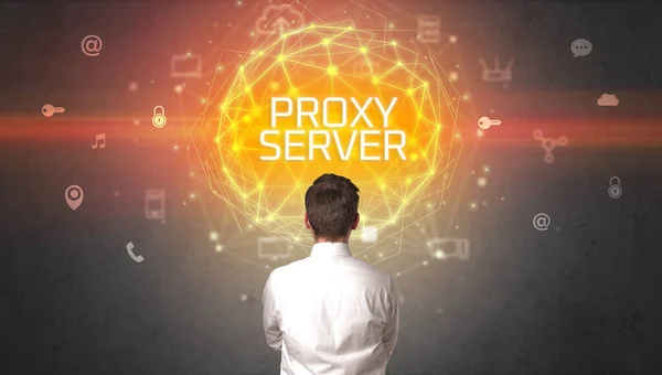 Widok Tyłu Przedsiębiorcy Napisem Proxy Server Koncepcja Bezpieczeństwa Online — Zdjęcie stockowe