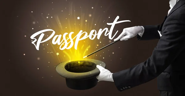 魔術師はパスポートの碑文と魔法のトリックを示しています — ストック写真