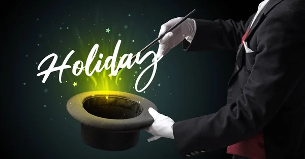 Magician Showing Magic Trick Holiday Inscription Traveling Concept — Stock Photo, Image