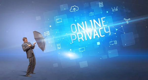 Бизнесмен Защищает Зонтиком Кибератаки Online Privacy Надпись Концепция Онлайн Безопасности — стоковое фото