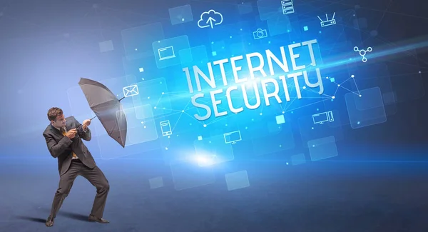 Affärsman Försvara Med Paraply Från Cyberattack Och Internet Security Inskription — Stockfoto