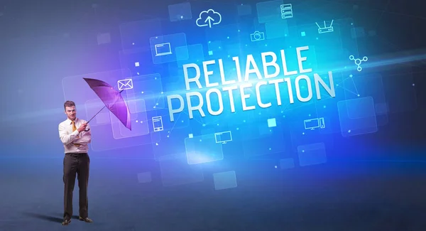 Affärsman Försvara Med Paraply Från Cyberattack Och Reliable Protection Inskription — Stockfoto