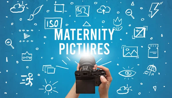Handfotos Mit Digitalkamera Und Maternity Pictures Beschriftung Kamera Einstellkonzept — Stockfoto