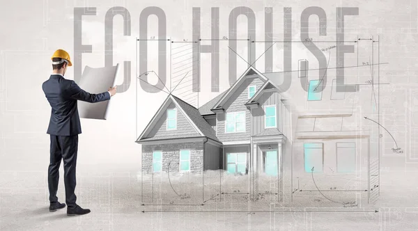 Jungingenieur Mit Blaupause Mit Eco House Aufschrift Hausplanungskonzept — Stockfoto