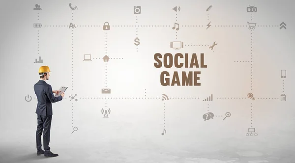 Inżynier Pracujący Nad Nową Platformą Social Media Koncepcją Napisu Social — Zdjęcie stockowe