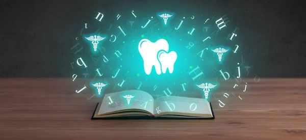 Livro Médico Aberto Com Ícones Dentários Acima Conceito Saúde Global — Fotografia de Stock