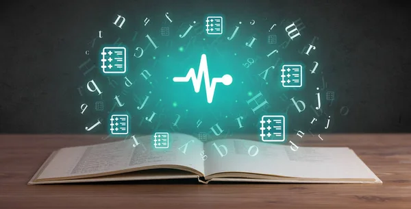 Open medical book with ECG icons above, global health concept