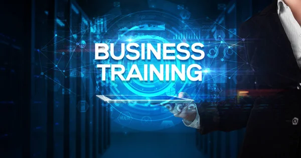 Giovane Imprenditore Che Lavora Tablet Mostra Iscrizione Business Training Business — Foto Stock