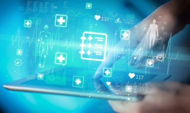 Tıbbi rekor simgeleri, modern sağlık hizmetleri konseptiyle dokunmatik ekrana yakın çekim