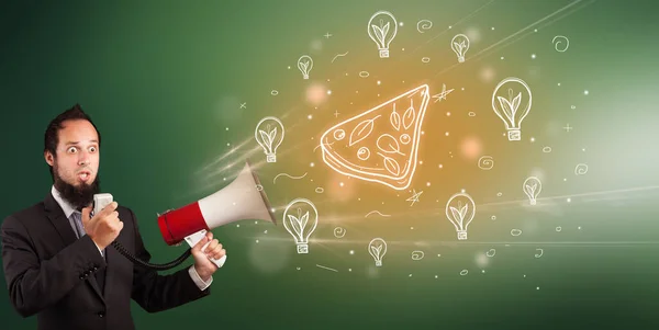 Megafon Vejetaryen Pizza Ikonu Içinde Bağıran Genç Insan Sağlıklı Beslenme — Stok fotoğraf