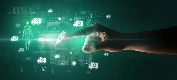 Doctor hand pressing futuristic health device with injection symbol on ...