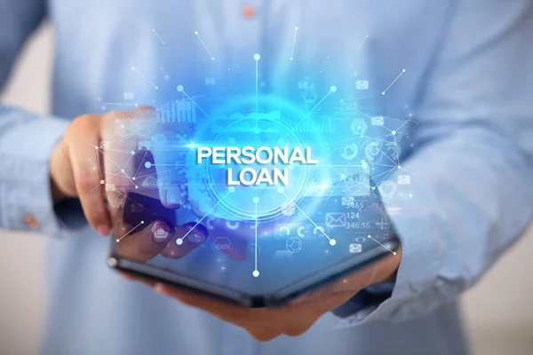 Empresario Sosteniendo Smartphone Plegable Con Inscripción Personal Loan Nuevo Concepto —  Fotos de Stock