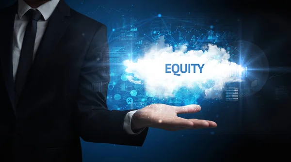 Mão Empresário Segurando Inscrição Equity Conceito Negócio Bem Sucedido — Fotografia de Stock