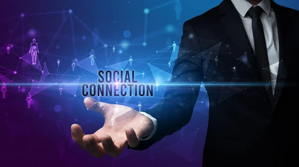 Elegante Hand Houden Sociale Connectie Inscriptie Social Networking Concept — Stockfoto