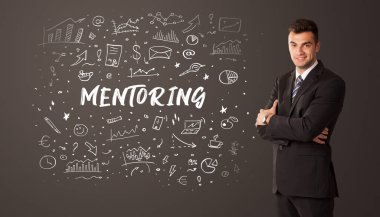 MENTORING yazıtları, iş eğitimi kavramı ile düşünen işadamı