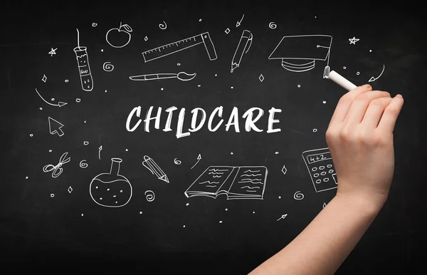 Desenho Mão Childcare Inscrição Com Giz Branco Quadro Negro Conceito — Fotografia de Stock