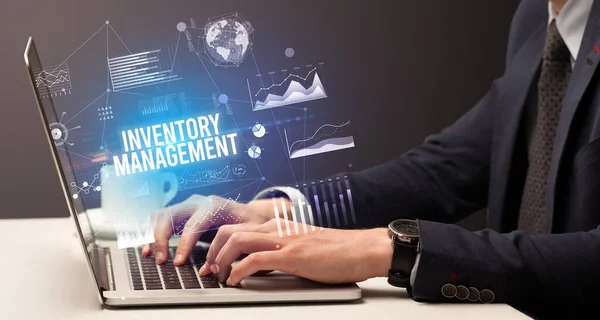 Businessman Working Laptop Inventory Management Inscription New Business Concept — Stock Photo, Image