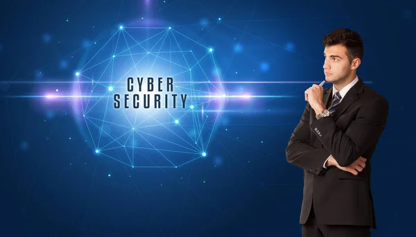 Επιχειρηματίας Σκέφτεται Λύσεις Ασφαλείας Επιγραφή Cyber Security — Φωτογραφία Αρχείου
