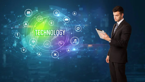 Businessman Thinking Front Technology Related Icons Technology Inscription Modern Technology — Stock Photo, Image