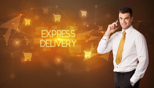 Empresario Con Iconos Carrito Compra Inscripción Express Delivery Concepto Compra — Foto de Stock