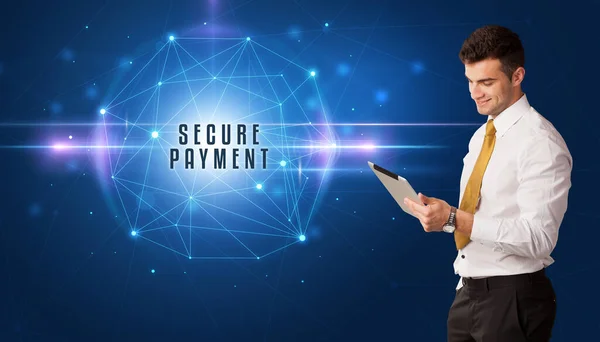 Uomo Affari Che Pensa Soluzioni Sicurezza Con Iscrizione Secure Payment — Foto Stock