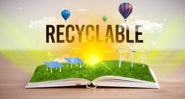 RECYCLABLE yazıtlı açık kitap, yenilenebilir enerji kavramı