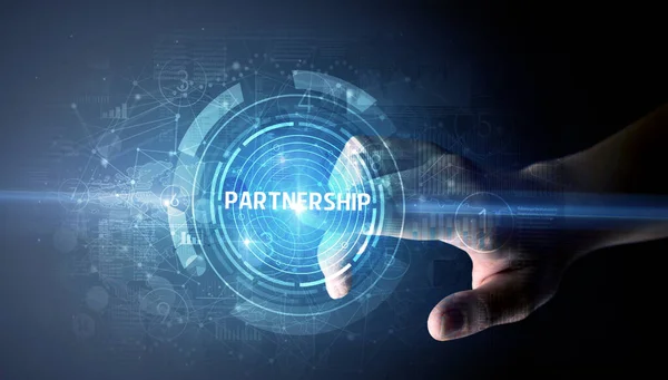 Kézfogás Partnerség Gomb Modern Üzleti Technológiai Koncepció — Stock Fotó