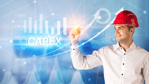 Fiatal Üzletember Sisak Rajz Capex Felirat Modern Üzleti Technológia Koncepció — Stock Fotó