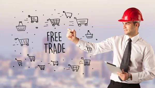 Hombre Negocios Guapo Con Dibujo Casco Inscripción Libre Comercio Concepto — Foto de Stock
