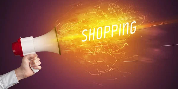 Jonge Girld Schreeuwen Megafoon Met Shopping Inscriptie Online Shopping Concept — Stockfoto