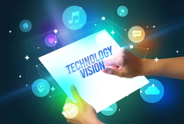 Проведение Футуристического Планшета Надписью Technology Vision Новая Концепция Технологии — стоковое фото