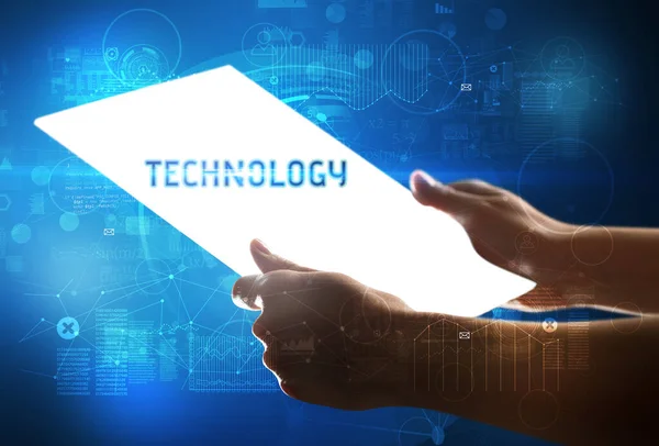 Tableta Futurista Hand Holdig Con Inscripción Tecnology Concepto Nueva Tecnología —  Fotos de Stock