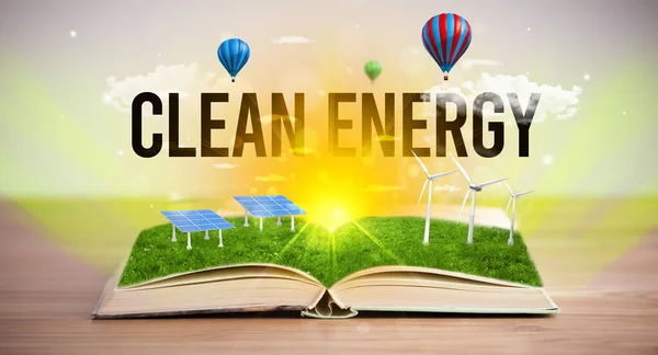 Libro Abierto Con Inscripción Clean Energy Concepto Energía Renovable — Foto de Stock