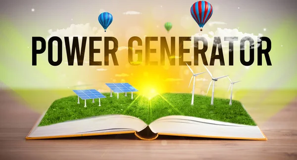 Livro Aberto Com Inscrição Power Generator Conceito Energia Renovável — Fotografia de Stock