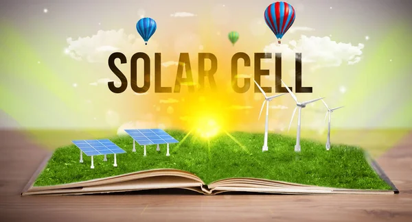 Livro Aberto Com Inscrição Solar Cell Conceito Energia Renovável — Fotografia de Stock