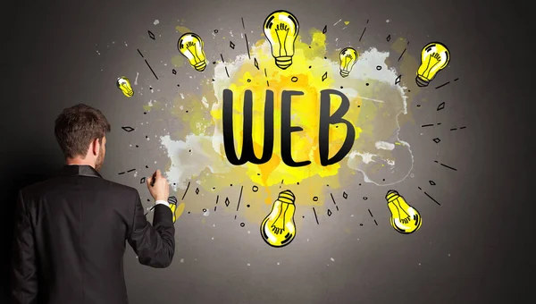 ビジネスマンは Webの略語 新しい技術のアイデアの概念でカラフルな電球を描く — ストック写真