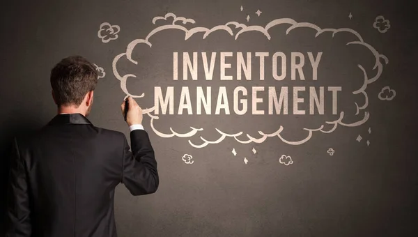 businessman drawing a cloud with INVENTORY MANAGEMENT inscription inside, modern business concept