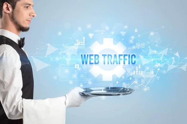 Technológiai Koncepciót Kiszolgáló Pincér Web Traffic Felirattal — Stock Fotó