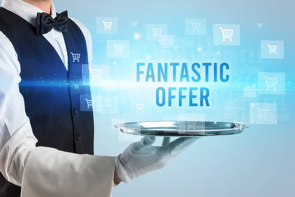 Servitör Serverar Fantastisk Offer Inskription Online Shopping Koncept — Stockfoto
