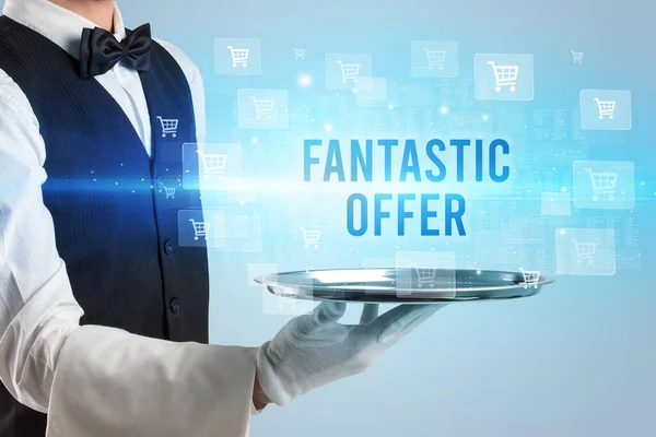 Cameriere Che Serve Iscrizione Offerta Fantastica Concetto Shopping Online — Foto Stock