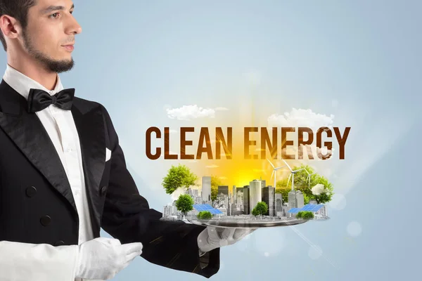 Waiter serving eco city with CLEAN ENERGY inscription, renewabke energy concept