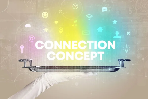 Garçom Servindo Redes Sociais Com Inscrição Connection Concept Novo Conceito — Fotografia de Stock